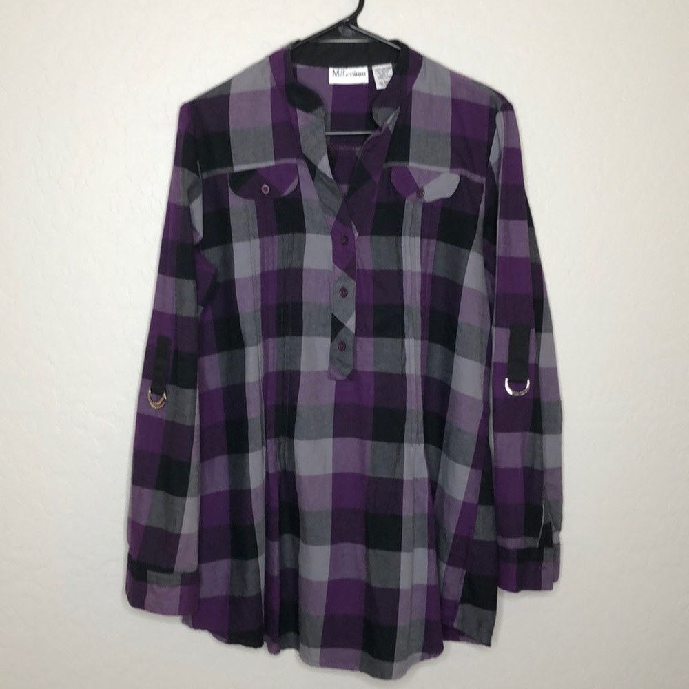Millenium Button Front Shirt Top Long Sleeve Plaid